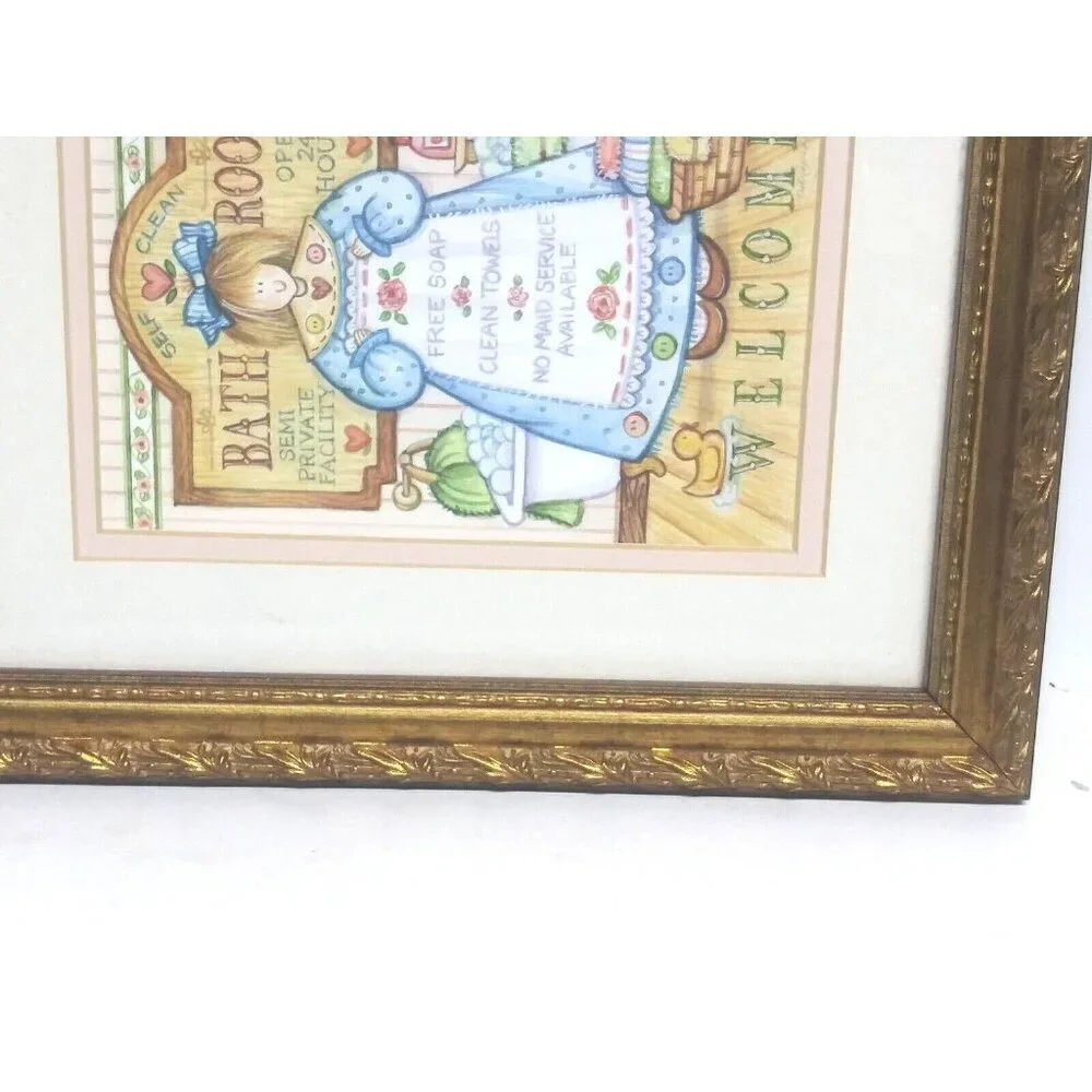 Debra Jordan Bryan Bathroom Angel Framed Matted Print gold ornate frame 11.75 in